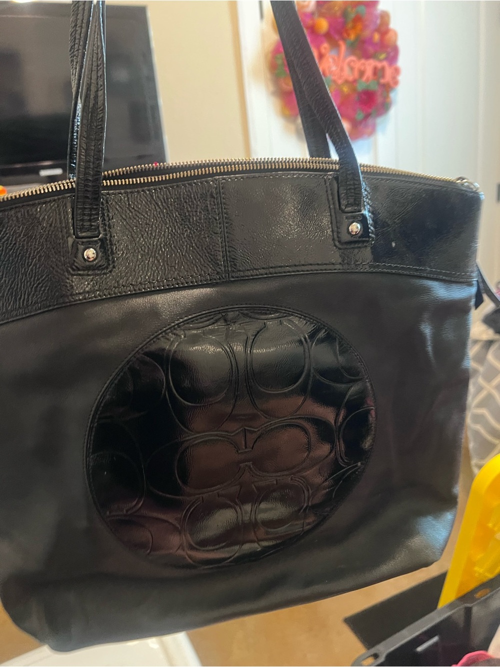 Coach Black Leather Tote with Signature Medallion